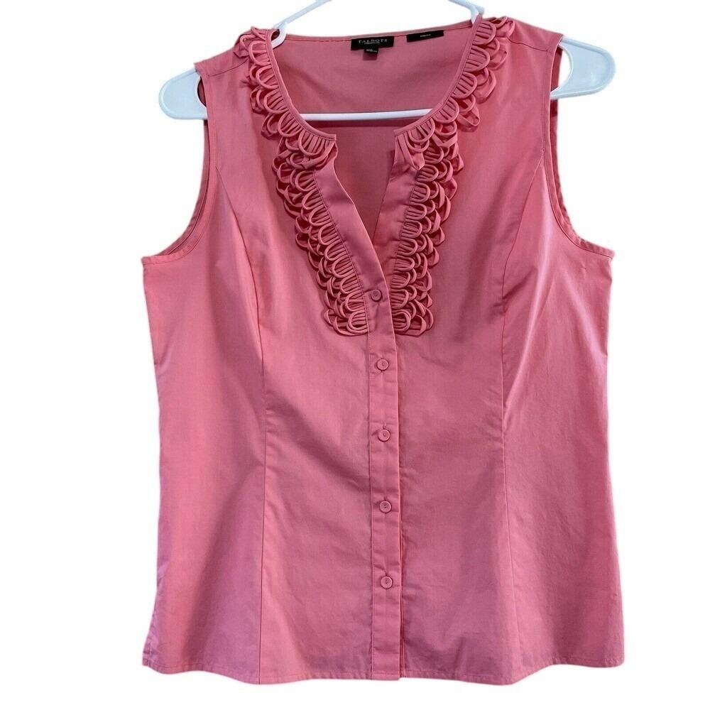Talbots Sleeveless Ruffle Blouse Women 4 Pink  Stretch Button Down